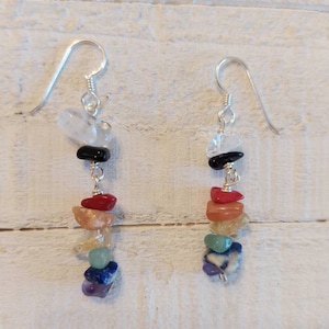 Chakra Eight Tumbled Stone Semiprecious Stone Drop Earrings on Sterling Silver.