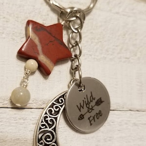 Wild and Free- keychain with moon charm and semi-precious stones
