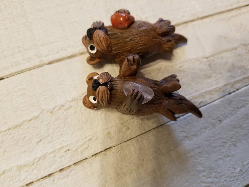 The Two Cute back floating Hand sculpted /painted Sea Otter Peg Dolls Holding Paws with Natural Tumbled Crystal Stones. image 5