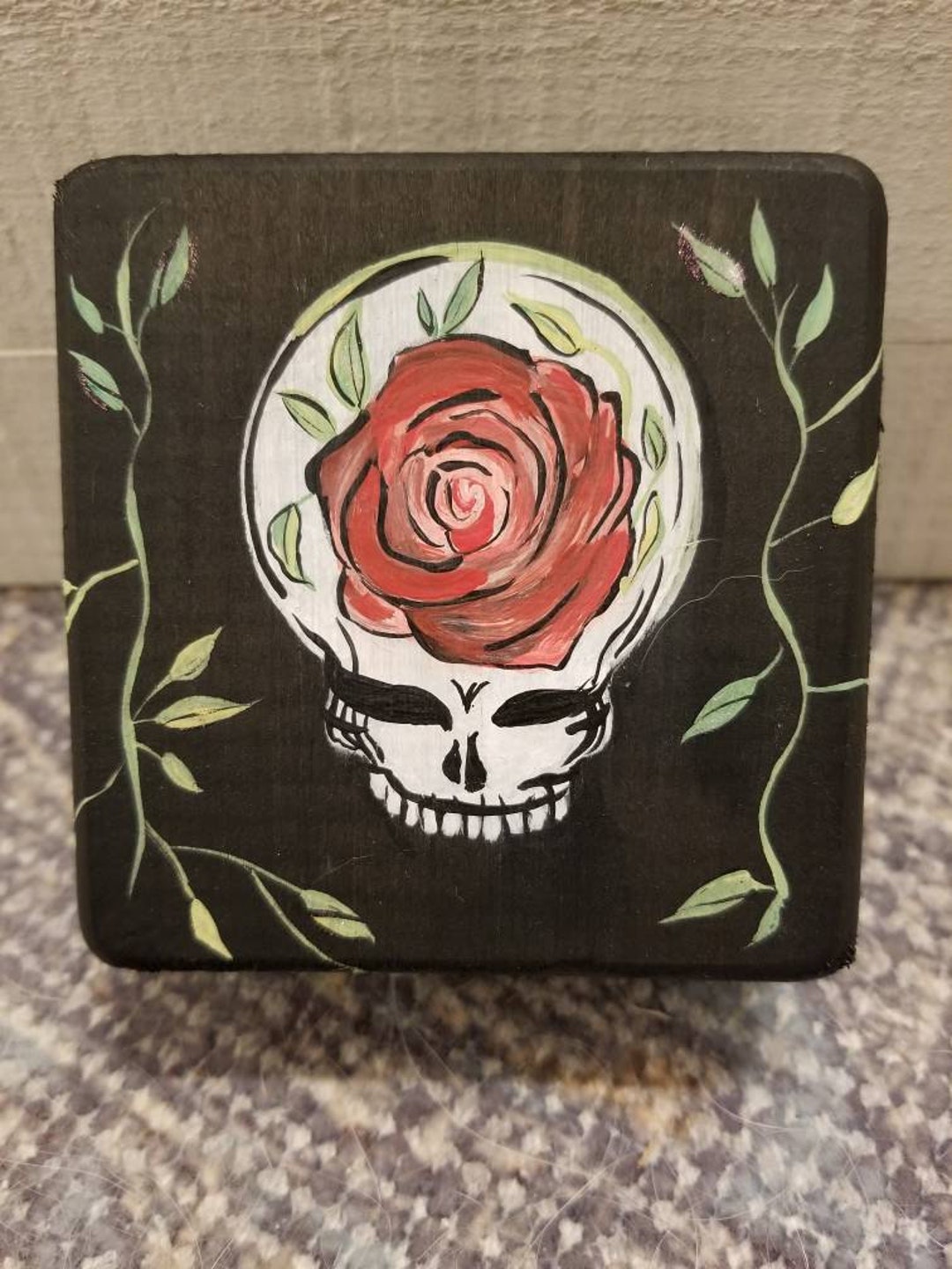 Skull Box With Roses Skull and Rose Wooden Hand Painted Matte Black Solid Jewelry/ Trinket ...