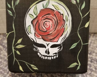 Skull and Rose wooden Hand painted matte black solid   jewelry/ trinket box.