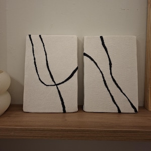 Minimalist Embroidered Wall Art Set of 2 – Black Thread Line Drawing – Wabi-Sabi Japandi Boho Decor