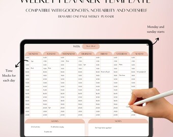 Plantilla de planificador semanal / Goodnotes, Notability, Noteself / Planificador sin fecha / Planificador digital para iPad / Planificador por horas / Planificador de objetivos /