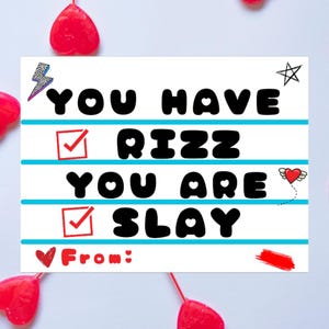 Cartão de Dia dos Namorados com Gíria Tween, Etiquetas de Dia dos Namorados Rizz, Slay Valentine, Gíria de Dia dos Namorados para Meninas, Dia dos Namorados da Escola