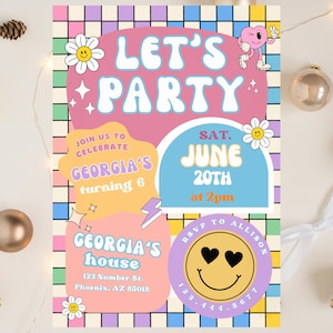 Editable Checkered Smiley Face Birthday invite, Groovy Retro birthday, emoji invitation, Teen Party, Tween Birthday, Any Age Girl Birthday