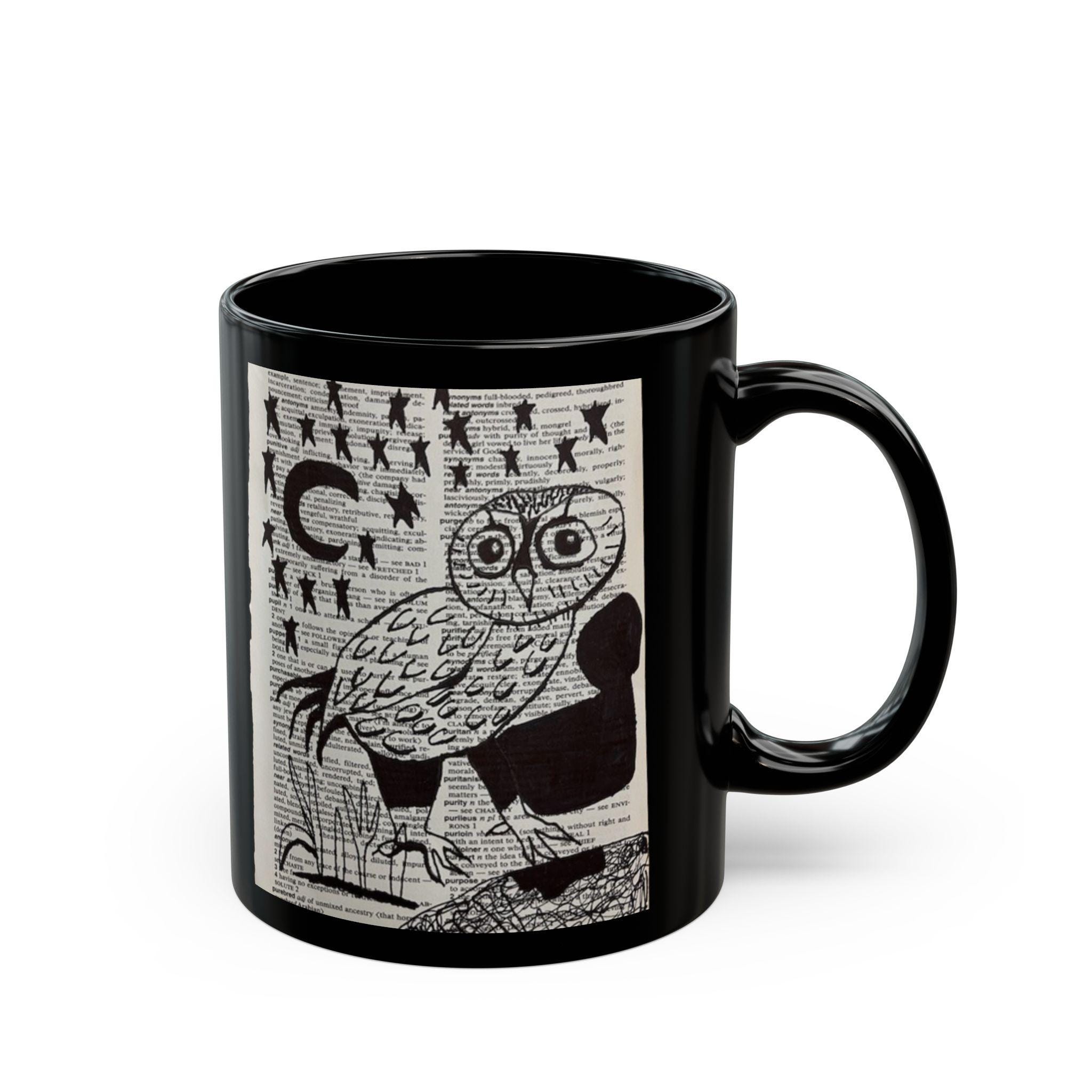 Owl Mug, Black Ceramic, Designed by Mac Torrez, Cute Animal Coffee Cup, Unique Bird Lover Gift, Tea