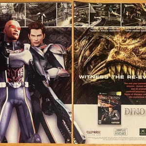 Anuncio/póster impreso vintage de dos páginas de Dino Crisis 3 de Xbox de 2003, arte promocional original de CAPCOM