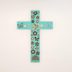 Green Painted Wood Cross: Religious Charm Wall Decor