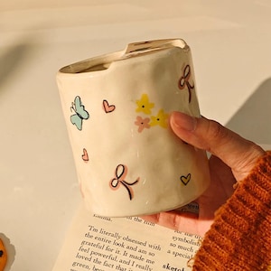 Handmade Travel Mugs, To Go Ceramic Cup, Hand-painted Love Heart Mug, Pottery Mug Coffee Cup Sip Mug Gift for Her