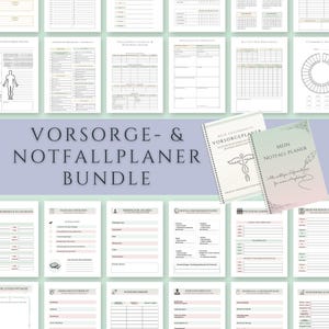 Könnte beinhalten: Ein Bundle aus druckbaren medizinischen Organizer- und Notfallplaner-Dokumenten. Die Dokumente sind in verschiedenen Layouts und Designs gehalten, mit einer sanften Farbpalette. Der Text "Vorsorge- & Notfallplaner Bundle" ist zu sehen. Zwei Spiralbücher sind ebenfalls sichtbar.