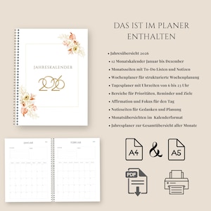 May include: A white spiral-bound planner with gold lettering and floral accents. The cover reads "JAHRESKALENDER 2026." Inside, there are monthly and weekly calendars, to-do lists, and note sections. Includes A4 and A5 formats, PDF download, and print options.