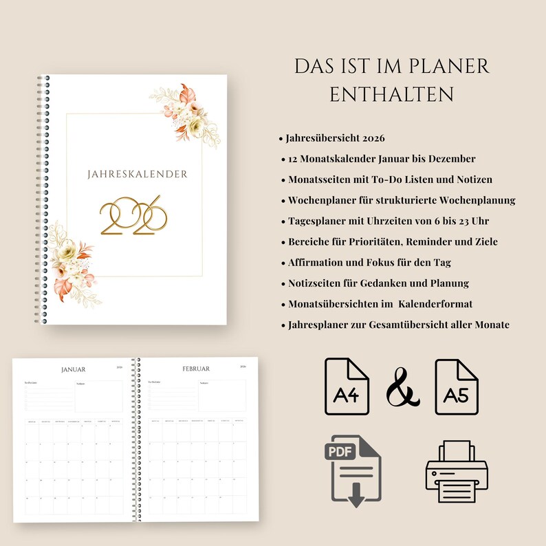 May include: A white spiral-bound planner with gold lettering and floral accents. The cover reads "JAHRESKALENDER 2026." Inside, there are monthly and weekly calendars, to-do lists, and note sections. Includes A4 and A5 formats, PDF download, and print options.