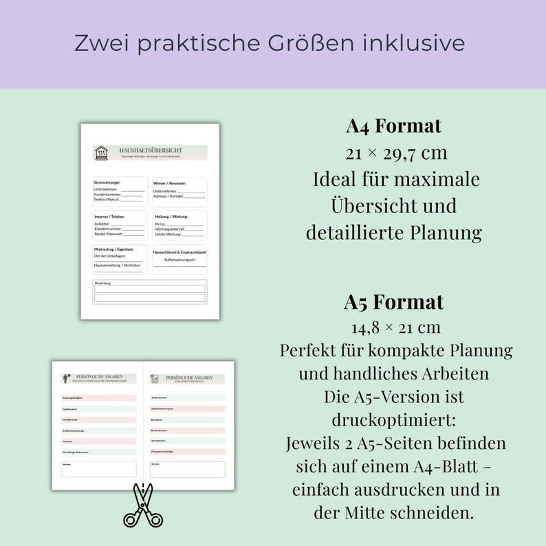 May include: Two white paper templates, A4 size at 8.3 x 11.7 inches and A5 size at 5.8 x 8.3 inches, are displayed. The A4 template is for detailed planning, while the A5 is for compact planning. The text "Zwei praktische Gr&ouml;&szlig;en inklusive" is at the top.