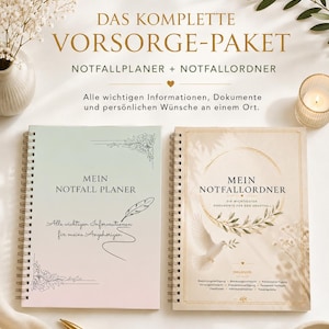 Puede incluir: Dos planificadores de espiral titulados DAS KOMPLETTE VORSORGE-PAKET, NOTFALLPLANER + NOTFALLORDNER. El planificador izquierdo es verde claro y rosa con una pluma. El derecho es beige con una paloma y un marco circular dorado.