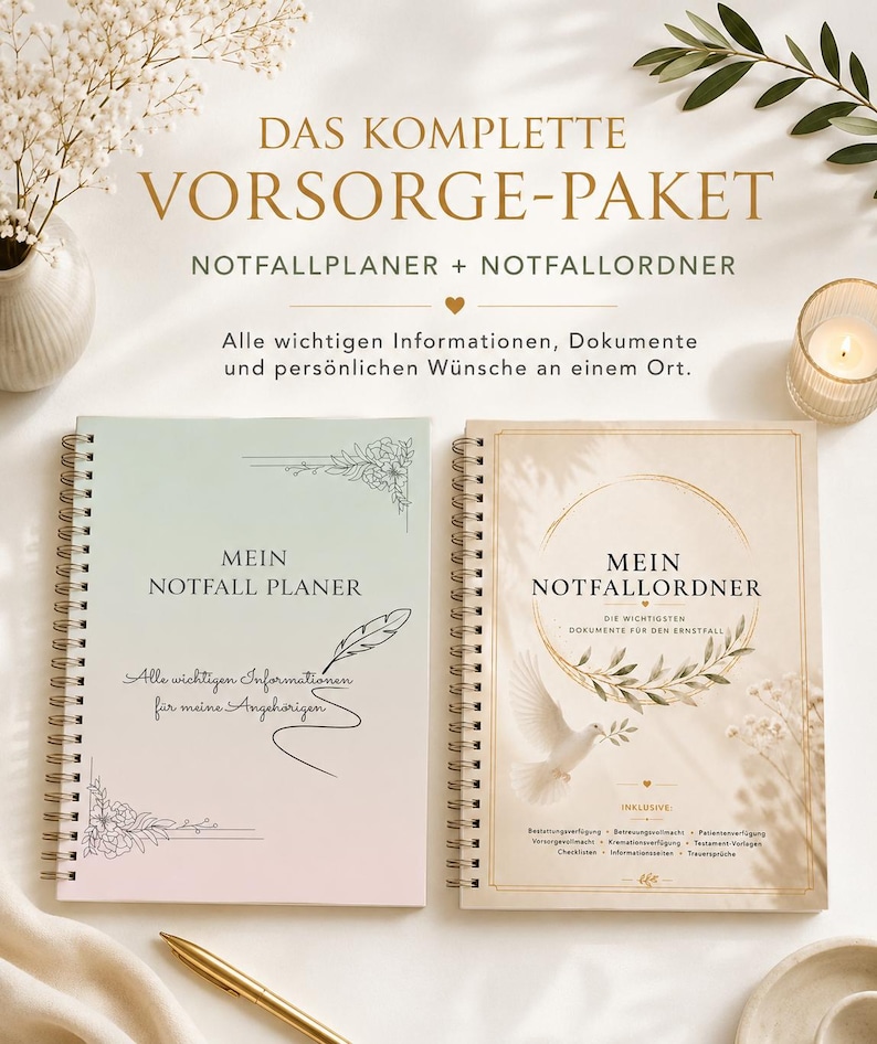 Puede incluir: Dos planificadores de espiral titulados DAS KOMPLETTE VORSORGE-PAKET, NOTFALLPLANER + NOTFALLORDNER. El planificador izquierdo es verde claro y rosa con una pluma. El derecho es beige con una paloma y un marco circular dorado.