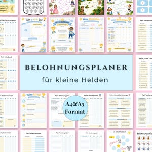 Könnte beinhalten: Eine Sammlung ausdruckbarer Belohnungspläne und Planer für Kinder, mit verschiedenen Vorlagen wie Zielverfolgung, Aufgabenlisten und Urkunden. Der zentrale Text lautet BELOHNUNGSPLANER für kleine Helden und A4 & A5 Format.