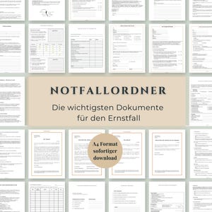 May include: A collection of A4 document templates for emergency planning, featuring a central beige banner with the text NOTFALLORDNER Die wichtigsten Dokumente für den Ernstfall and a circular badge stating A4 Format sofortiger download.