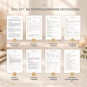 Puede incluir: Un conjunto de ocho plantillas de documentos impresos para una carpeta de emergencia, titulada DAS IST IM NOTFALLORDNER ENTHALTEN. Las p&aacute;ginas incluyen formularios para testamentos, arreglos funerarios, directivas m&eacute;dicas y listas.