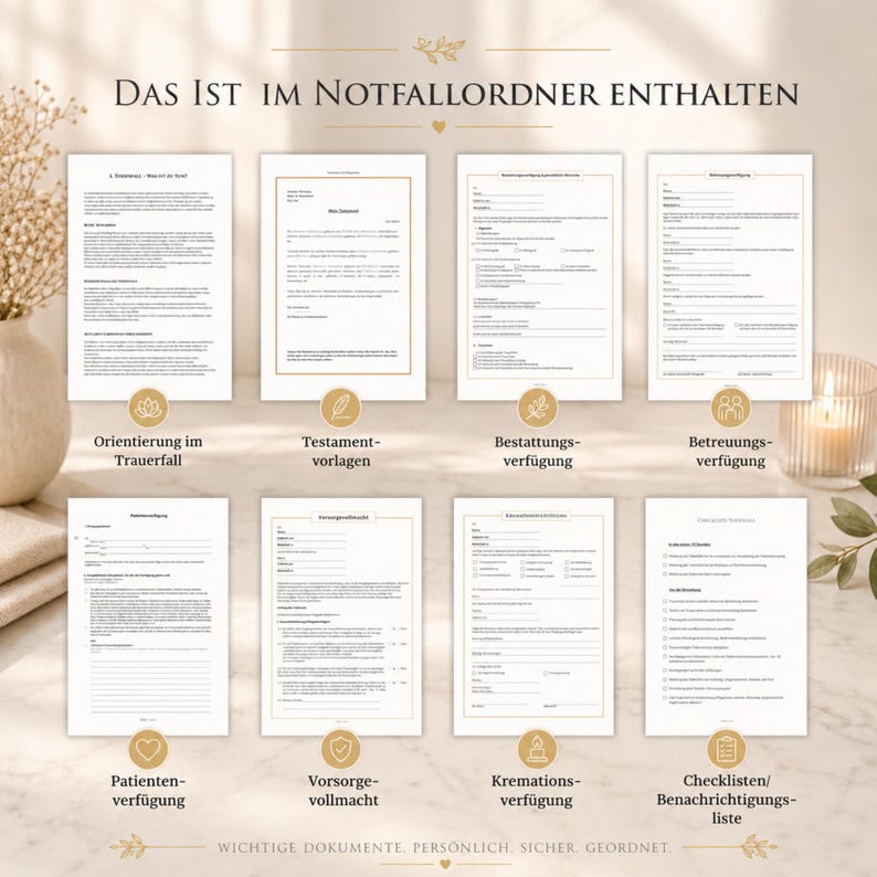 Puede incluir: Un conjunto de ocho plantillas de documentos impresos para una carpeta de emergencia, titulada DAS IST IM NOTFALLORDNER ENTHALTEN. Las p&aacute;ginas incluyen formularios para testamentos, arreglos funerarios, directivas m&eacute;dicas y listas.