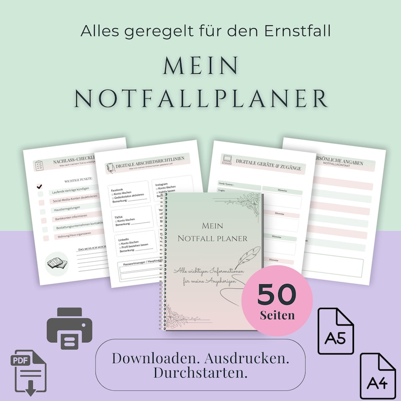 Puede incluir: Un planificador de emergencia digital de 50 p&aacute;ginas, con una cubierta de espiral que muestra el texto "MEIN NOTFALL PLANER" y una ilustraci&oacute;n de pluma. El conjunto incluye p&aacute;ginas imprimibles A4 y A5 con listas de verificaci&oacute;n para activos digitales, datos personales y gesti&oacute;n de patrimonio.