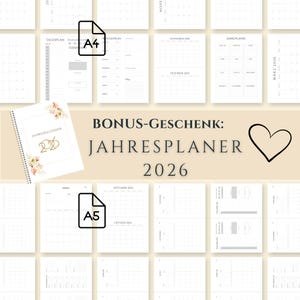 May include: A collection of printable planner pages in A4 and A5 sizes, with a bonus 2026 yearly planner. The pages are white with a minimalist design, featuring calendar layouts and planning sections. The cover of the bonus planner has floral accents.