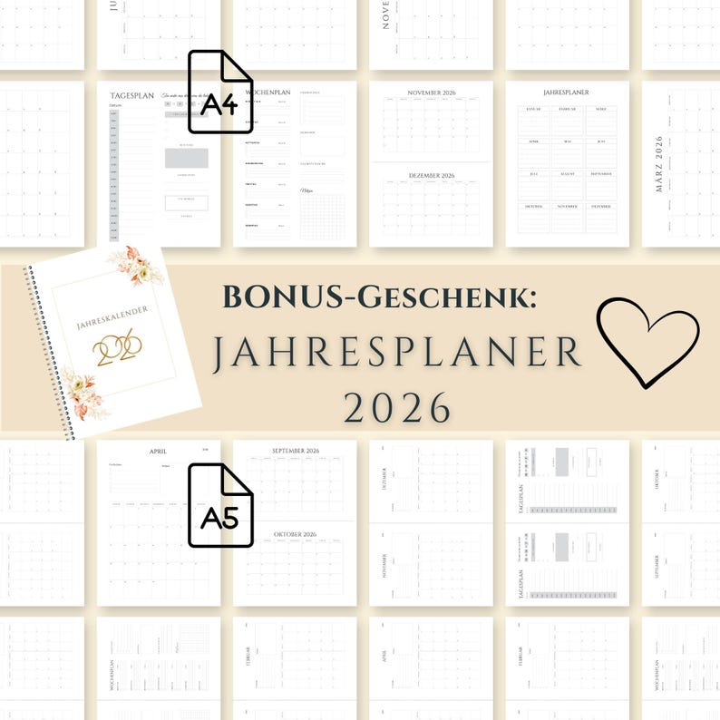 May include: A collection of printable planner pages in A4 and A5 sizes, with a bonus 2026 yearly planner. The pages are white with a minimalist design, featuring calendar layouts and planning sections. The cover of the bonus planner has floral accents.