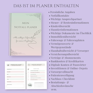 May include: A spiral-bound planner with a gradient cover, featuring the text "MEIN NOTFALL PLANER" and a list of included sections like personal information, contacts, and insurance details. The planner is designed to organize important documents.