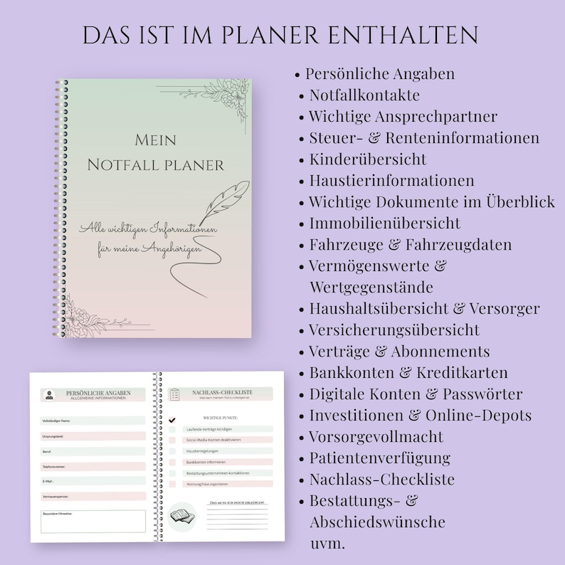 May include: A spiral-bound planner with a gradient cover, featuring the text "MEIN NOTFALL PLANER" and a list of included sections like personal information, contacts, and insurance details. The planner is designed to organize important documents.