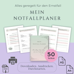 May include: A digital emergency planner with the text "MEIN NOTFALLPLANER" and "50 Seiten". The image includes printable PDF documents, a printer icon, and A4 and A5 paper size icons. The text "Downloaden. Ausdrucken. Durchstarten." is also visible.