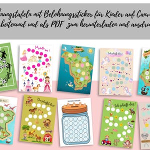 Könnte beinhalten: Eine Sammlung farbenfroher Belohnungstafeln für Kinder mit verschiedenen Themen wie Fußball, Prinzessinnen, Karten, Einhörnern, Piraten, Dinosauriern, Cowboys und einem Spar-Tracker. Jede Tafel hat Felder für Aufkleber.