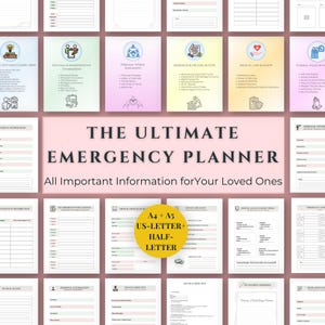 Könnte beinhalten: Eine Sammlung druckbarer Notfallplaner-Seiten mit Überschriften wie "Persönliche & administrative Informationen". Der Titel "The Ultimate Emergency Planner" ist prominent dargestellt. Enthält A4, A5, US-Letter und Half-Letter Größen.