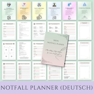 Puede incluir: Una colecci&oacute;n de documentos de planificaci&oacute;n de emergencia en alem&aacute;n, con un planificador central titulado Mein Notfall Planer con un icono de pluma, rodeado de varias hojas informativas, listas de verificaci&oacute;n y formularios de datos personales.