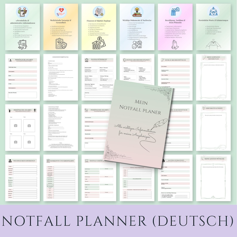 Puede incluir: Una colecci&oacute;n de documentos de planificaci&oacute;n de emergencia en alem&aacute;n, con un planificador central titulado Mein Notfall Planer con un icono de pluma, rodeado de varias hojas informativas, listas de verificaci&oacute;n y formularios de datos personales.