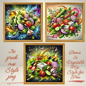3-Poster Set in Greek Style – Mediterranean Elegance with Olives, Feta & Herbs + 2 Free Vegetable Mix Poster Set