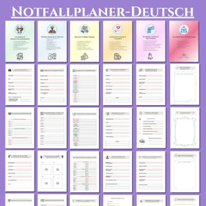 Puede incluir: Una plantilla de planificador de emergencia digital titulada NOTFALLPLANER-DEUTSCH, que presenta una cuadr&iacute;cula de varias p&aacute;ginas con encabezados de tonos pastel, iconos y formularios estructurados para informaci&oacute;n personal, m&eacute;dica y financiera.