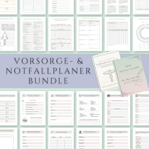 Puede incluir: Un paquete de planificadores médicos y de emergencia imprimibles. El título "VORSORGE- & NOTFALLPLANER BUNDLE" se muestra en letras grandes. Se ven dos cuadernos encuadernados en espiral, junto con varios formularios y gráficos.