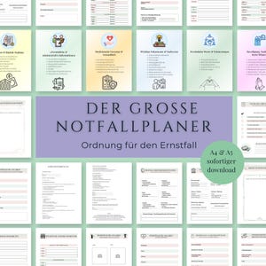 May include: A collection of printable planner pages with various headings in German, including "DER GROSSE NOTFALLPLANER." The pages are in a grid layout, with colorful headers and icons. The text "A4 & A5 sofortiger download" is also visible.