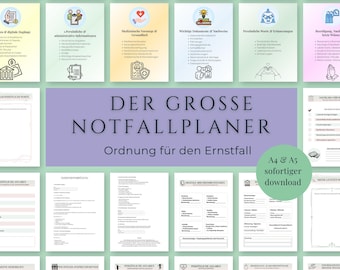 Planificador de emergencias en PDF para imprimir, planificador de atención médica anticipada en formatos A4 y A5, carpeta de emergencias familiares, testamento, testamento vital, planificador para el final de la vida (alemán).