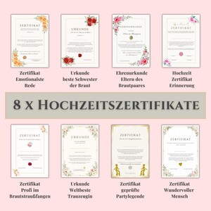 Könnte beinhalten: Acht Hochzeitsurkunden mit floralen Rändern und dekorativen Siegeln. Die Urkunden tragen deutschen Text, darunter "Zertifikat" und verschiedene Titel wie "Emotionale Rede" und "Beste Brautjungfer".