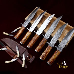 CutSharp Handmade Hunting Knife Damascus Steel 440C Steel J2 Steel Camel Bone Handle 13&quot; Knife Wooden Box Free Ankle Knife