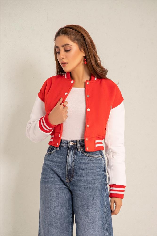 Blue Cropped Varsity Baseball Jacket