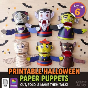 Peut inclure: Un ensemble de six marionnettes en papier à imprimer représentant des personnages d'Halloween : zombie, vampire, monstre de Frankenstein, momie, sorcière et loup-garou. Les marionnettes sont colorées, avec des bouches articulées, accompagnées du texte : SET OF 6, PRINTABLE HALLOWEEN PAPER PUPPETS, CUT, FOLD, & MAKE THEM TALK!