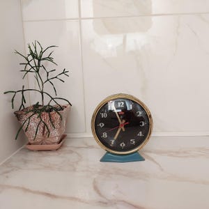 May include: A vintage alarm clock with a black face, gold-colored trim, and a blue base. The clock has white numerals and red hands. A small potted plant with a unique, spiky appearance sits to the left of the clock.