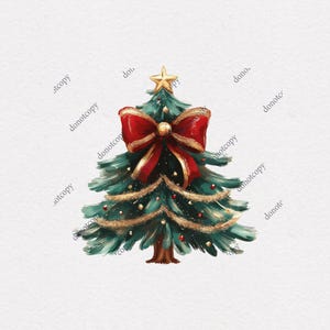 Hand-Drawn Christmas Tree PNG: Pink Bow, Gold Glitter Ornament (Digital Download)