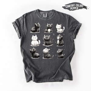 Comfort Colors Cute Black and White Cat Shirt, Kawaii Cartoon Kitty Tee, Aesthetic Espresso Cat Lover T-Shirt, Cozy Comfort Colors Gift