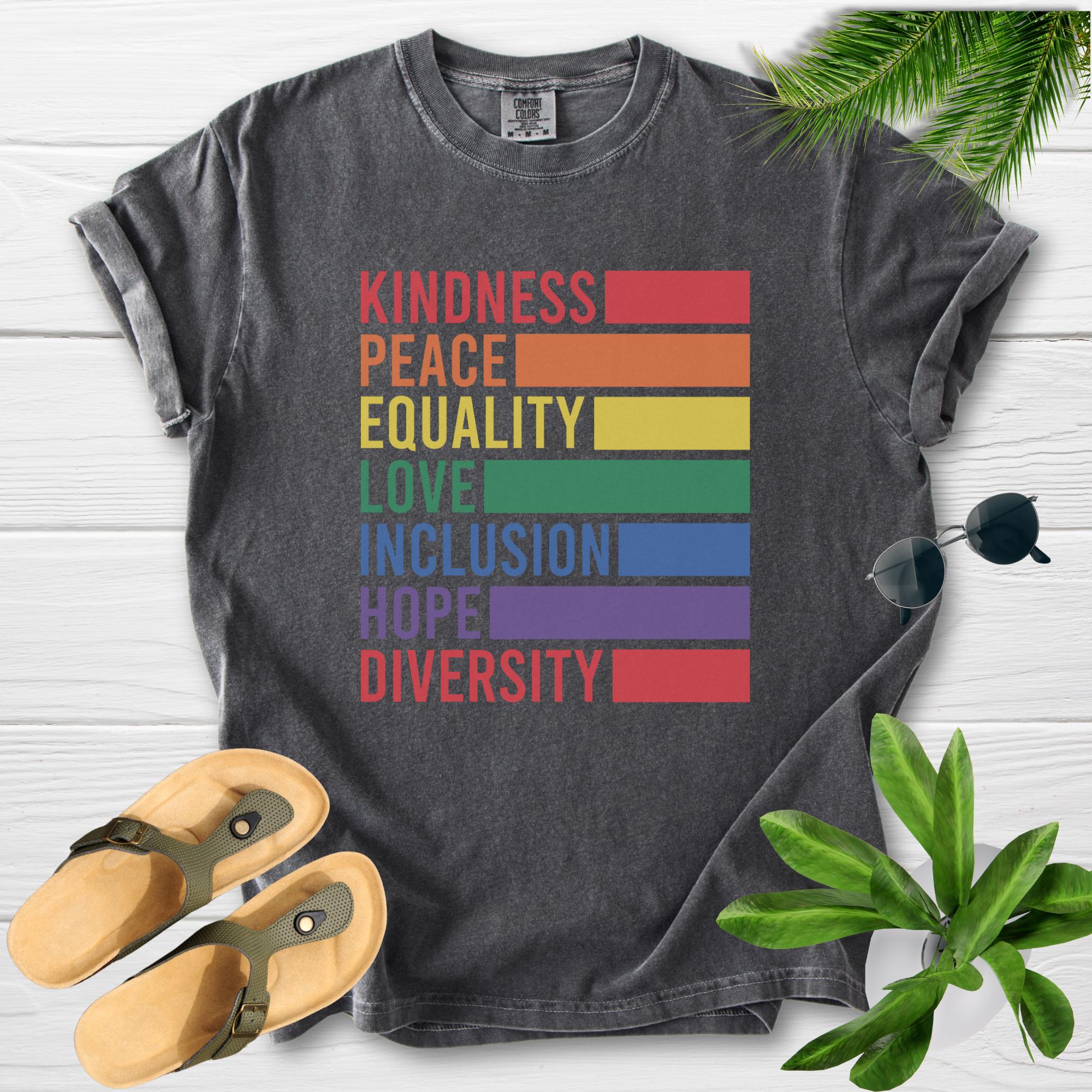 Kindness Peace Equality Love Shirt - LGBTQ Rainbow T-Shirt with Inclusion and Diversity Message, Unisex Pride Month Gift for Allies