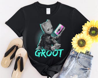 Baby Groot With Cassette For Comic Lover Vintage Tshirt Men Women Children Kids T-shirt Hoodie Sweatshirt S to 5XL T Shirt, UV Sticker, YU21