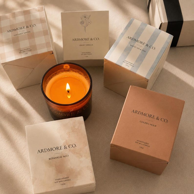 以下が含まれることがあります： ダークアンバーのガラス瓶に入った火のついたキャンドルと、Ardmore & Co.とラベル付けされた4つの長方形の段ボール箱。箱には、ベージュのギンガムチェック柄、花のスケッチ、青いストライプ、無地のタンカラーなど、さまざまなデザインが施されています。