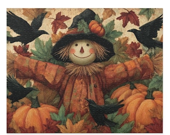 May include: A fall-themed puzzle featuring a smiling scarecrow with a black hat and crows. The scarecrow is surrounded by pumpkins, autumn leaves, and a small pumpkin on its hat. The color palette includes orange, brown, and green.