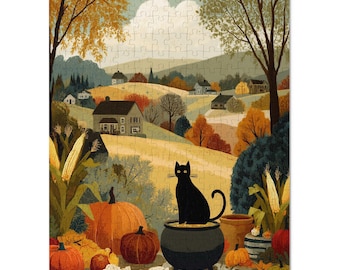 Könnte beinhalten: Fertig gelegtes Puzzle mit einer schwarzen Katze auf einem Kessel in einer Herbstlandschaft. Die Szene zeigt Kürbisse, Maiskolben und ein Dorf im Hintergrund. Die Farbpalette wird von Orange, Gelb und Grün dominiert.